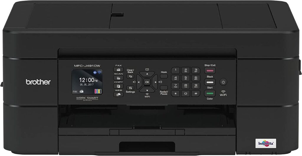 4. Brother Wireless All-in-One Inkjet Printer, MFC-J491DW – Pigment Printer for Small Businesses